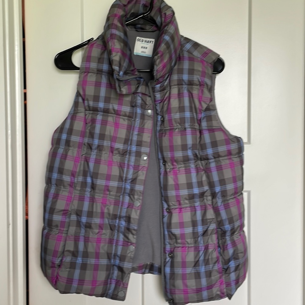 Puffer vest, purple, blue, grey, Medium